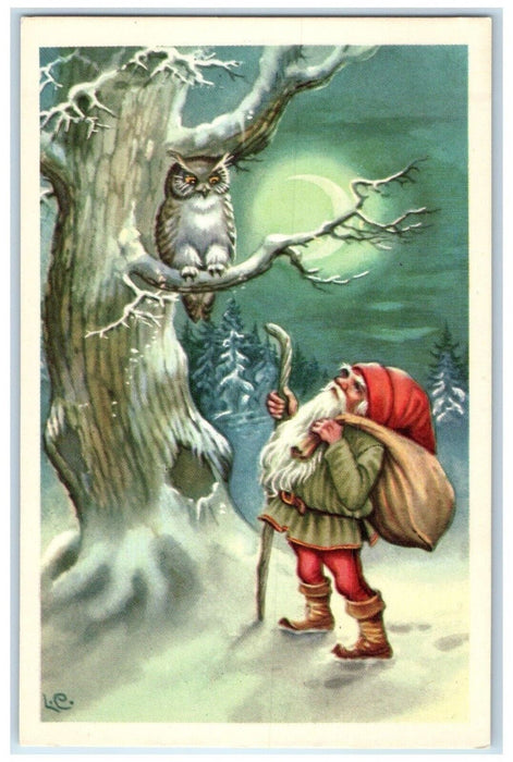 c1910's New Year Sweden Elf Gnome And Owl Winter Scene Posted Antique Postcard