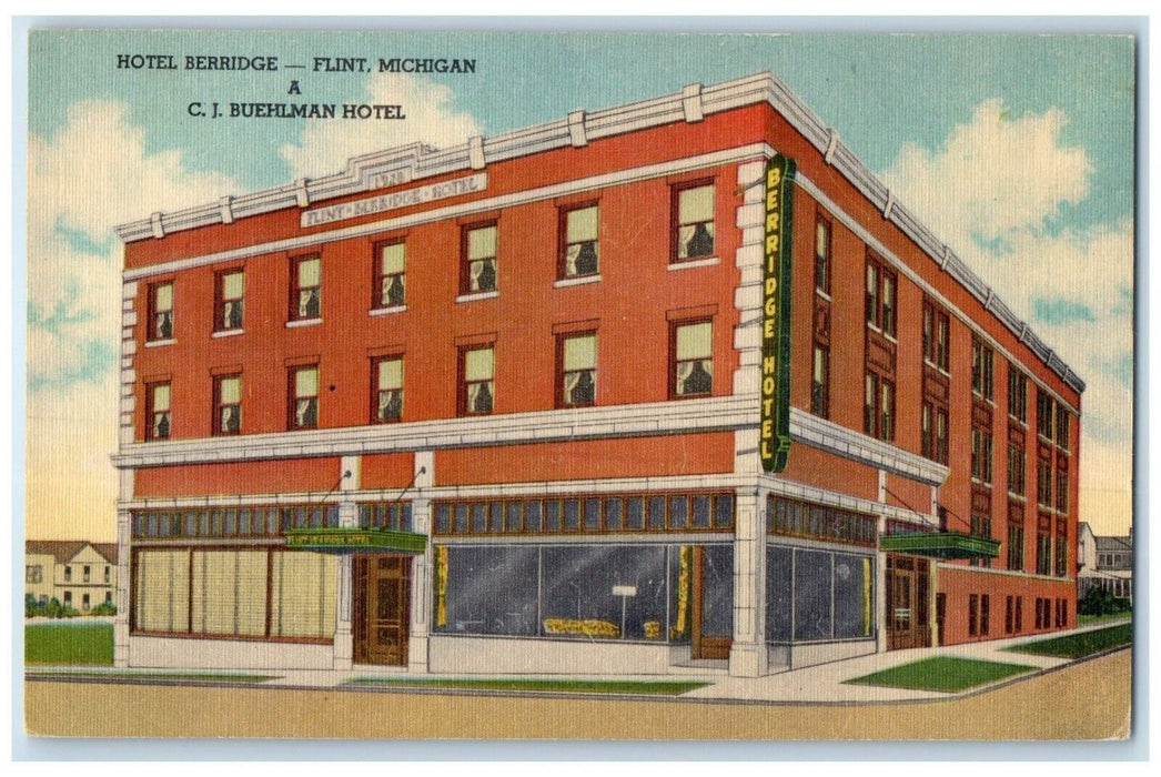 c1940 Exterior View Hotel Berridge Building Flint Michigan MI Unposted Postcard