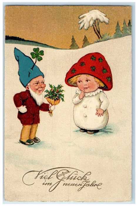 c1910's Christmas Elf Gnome Berries Little Girl Mushroom Hat Austria Postcard