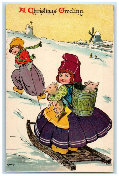 c1910's Christmas Greetings Dutch Girls Sledding Piglets Winter Scene Postcard