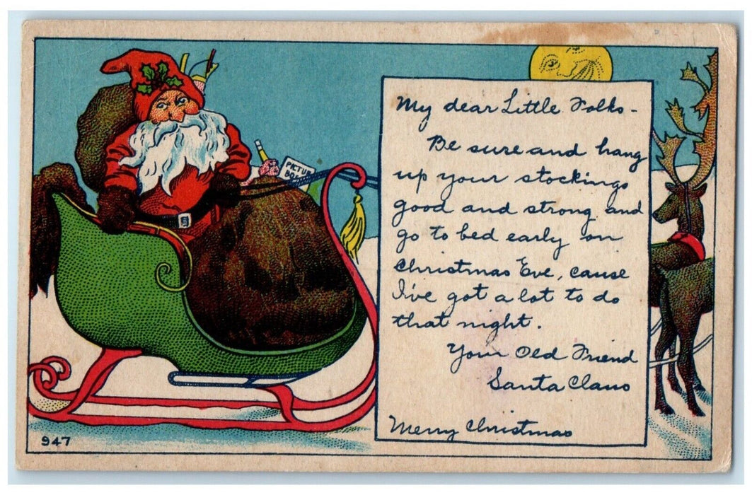 1908 Christmas Santa Claus And Reindeer Sleigh Winter Scene Antique Postcard