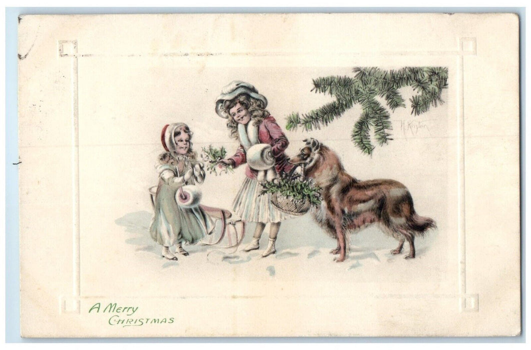 c1910's Christmas Girls Holly Berries In Basket Dog Scene Handwarmer Postcard