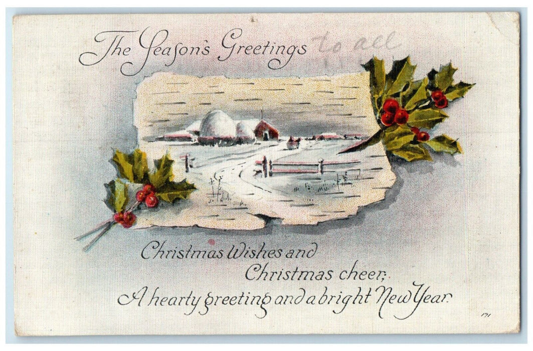 1919 Christmas Tied Seal Holly Berries House Winter Scene Plymouth WA Postcard