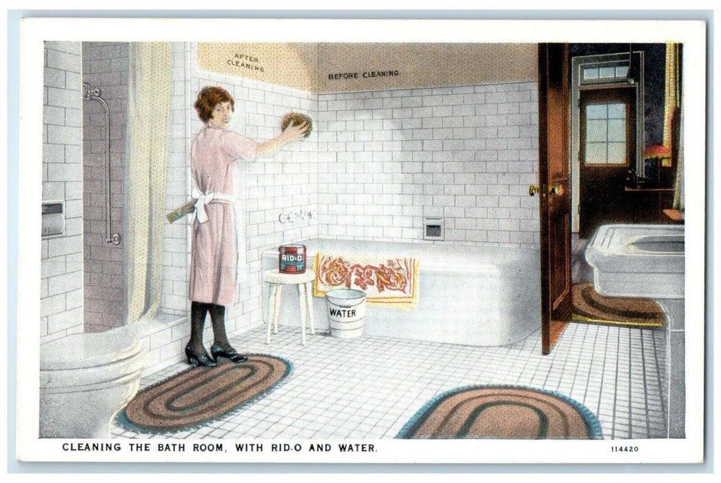 Woman Cleaning The Bath Room With Rid O And Water Cleaner Advertising Postcard