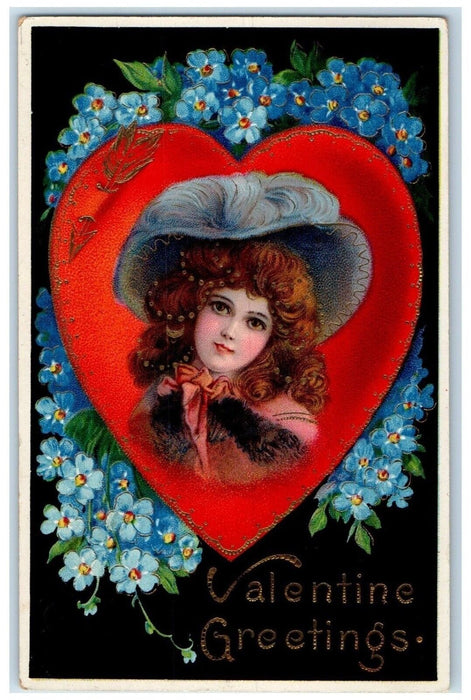 1912 Valentine Greetings Woman Big Heart Pansies Flowers Gel Gold Gilt Postcard