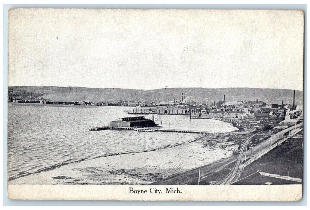 c1910 Birds Eye View Dock Lake Bridge Road Boyne City Michigan Unposted Postcard