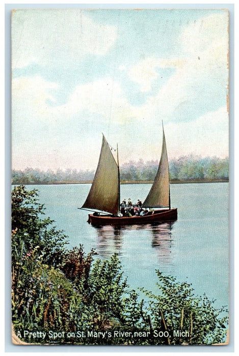 1911 Canoeing Boat River Pretty Spot St Mary River Soo Michigan Vintage Postcard
