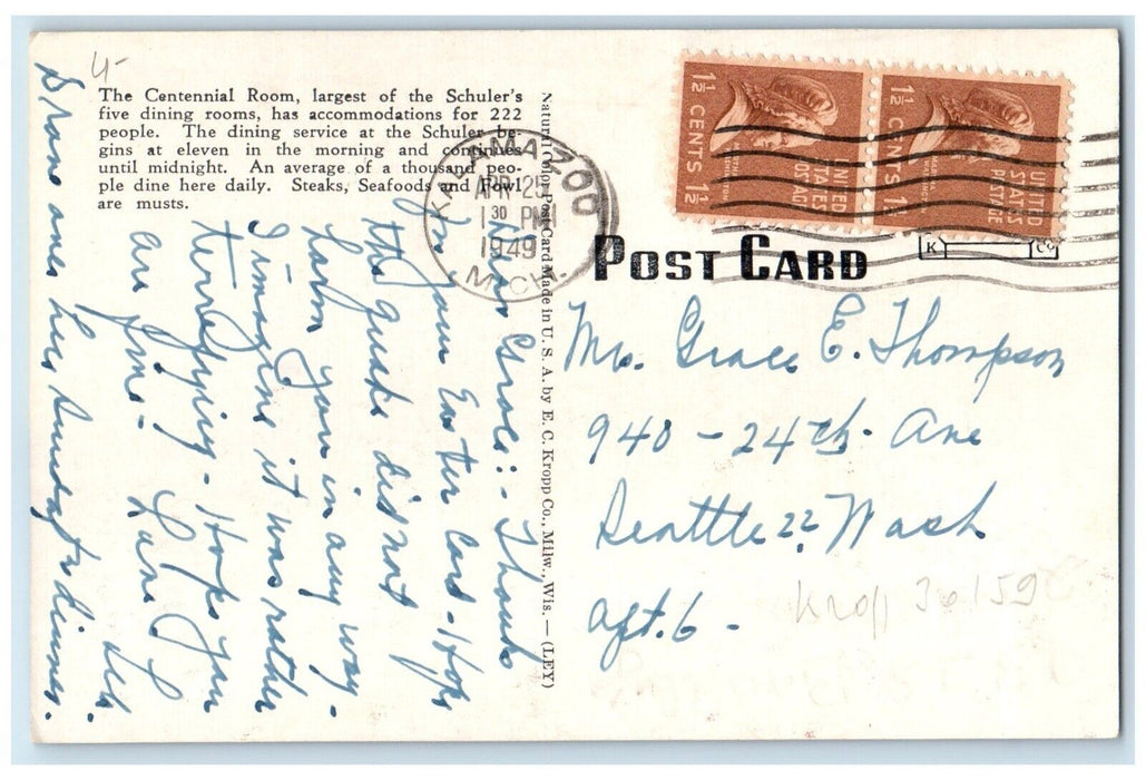 1949 Multi-View Centennial Room hotel Schuler Marshall Michigan Vintage Postcard