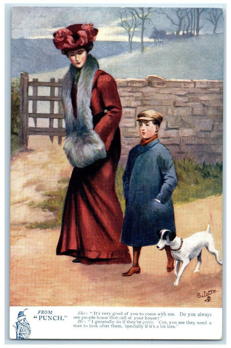 c1910's From Punch Woman Fur And Boy Dog Oilette Tuck's Antique Postcard