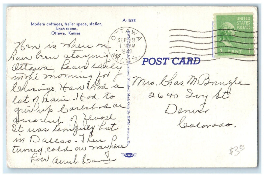 1941 Monroe Corner Service Cabins Station Room Exterior Ottawa Kansas Postcard