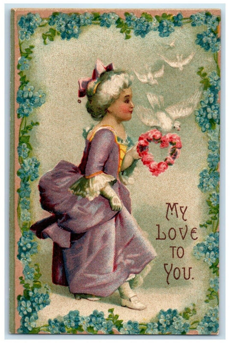 1909 Valentine Woman Heart Flowers Doves Embossed Columbus North Dakota Postcard