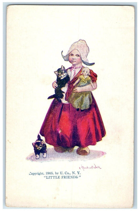 c1910s Dutch Girl Little Friends Cat Kittens Doll Wall Unposted Antique Postcard