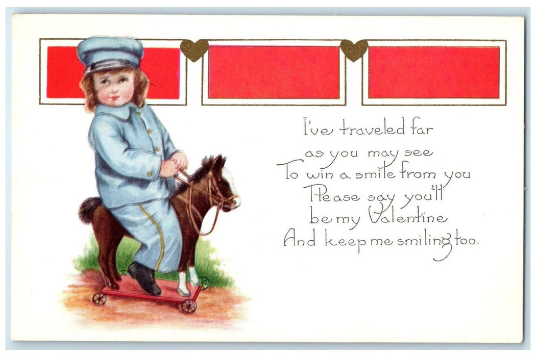 c1910's Valentine Boy Riding Horse Wagon Toy Hearts Embossed Antique Postcard