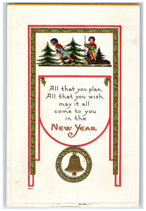 1914 New Year Boys Pulling Log Pine Trees Bell Embossed Antique Postcard