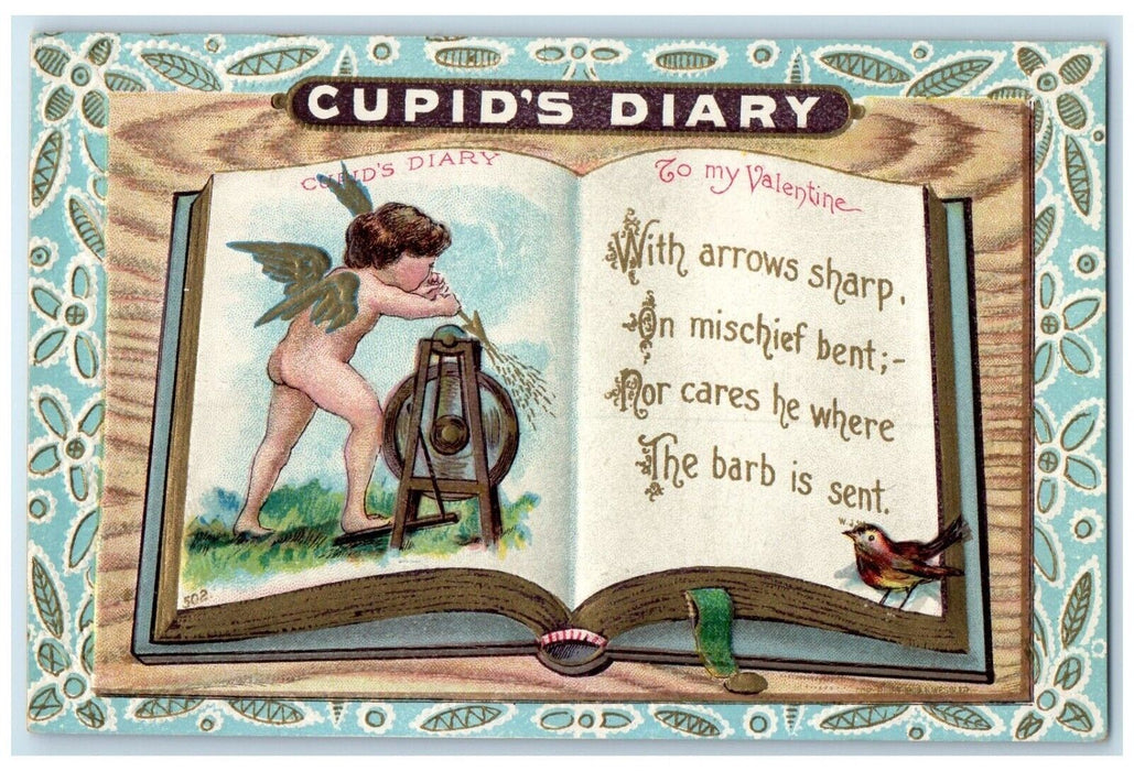 c1910's Valentine Cupid Angel Diary Sharpening Arrow Bird Embossed Postcard