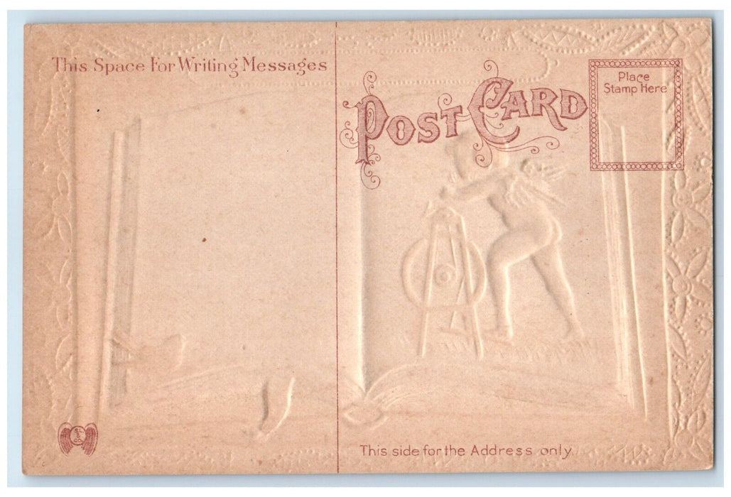 c1910's Valentine Cupid Angel Diary Sharpening Arrow Bird Embossed Postcard