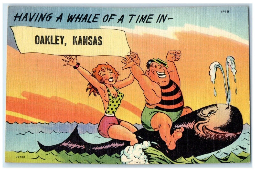 c1940 Having Whale Time In Man Woman Riding Ocean Oakley Kansas Vintage Postcard