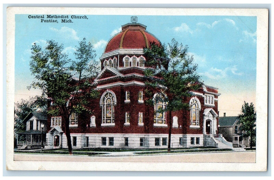 c1920 Exterior View Central Methodist Church Building Pontiac Michigan Postcard