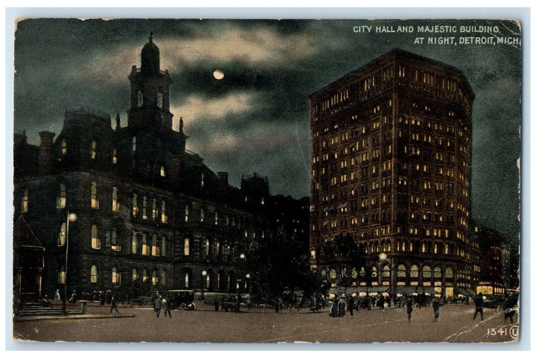 1913 City Hall Majestic Building Night Moonlight Moon Detroit Michigan Postcard