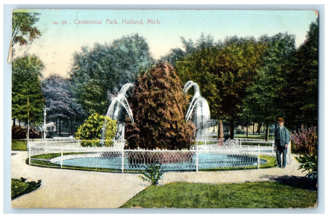 1910 Centennial Park Water Fountain Holland Michigan MI Posted Antique Postcard