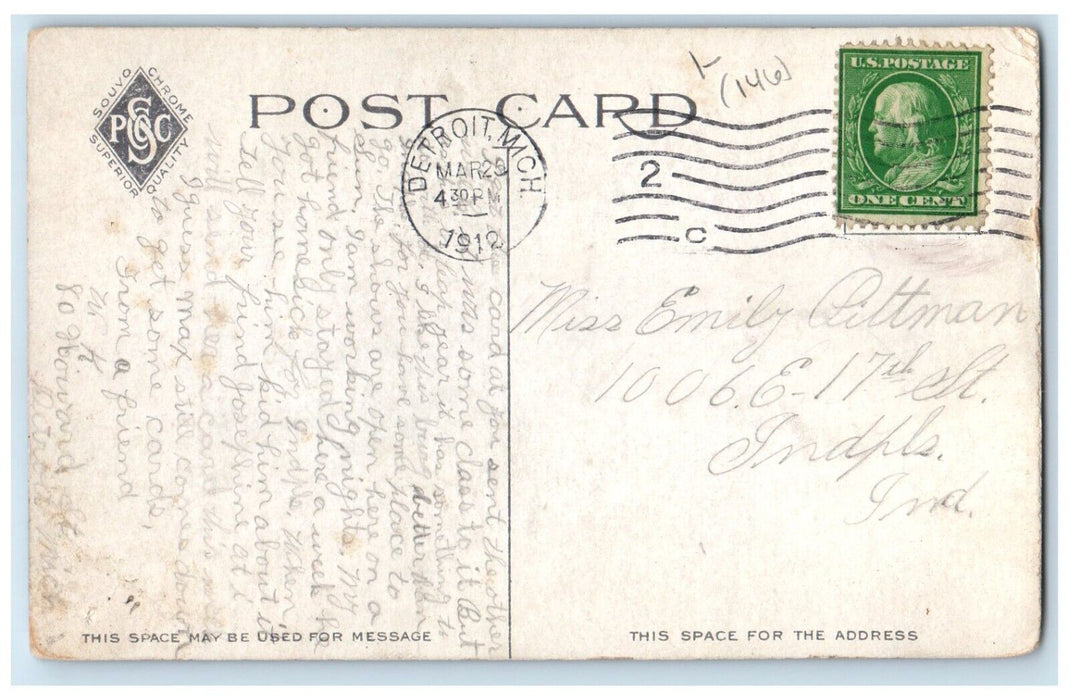 1912 City Hall Pontchartrain Hotel Night Moonlight Detroit Michigan MI Postcard