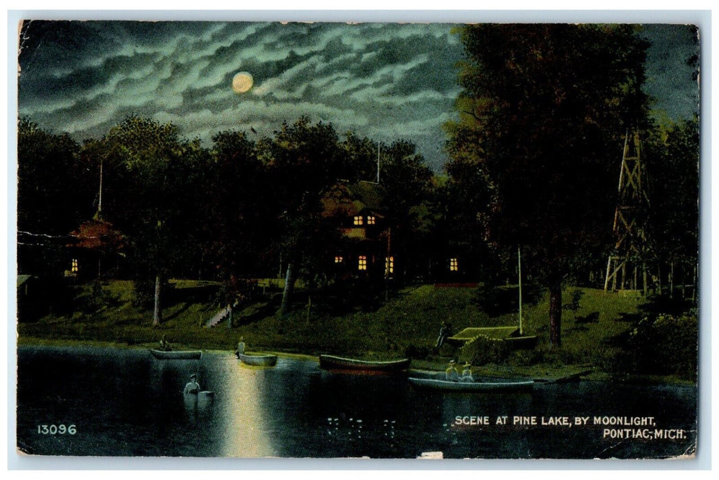 1915 Scene At Pine Lake By Moonlight Boats Pontiac Michigan MI Antique Postcard