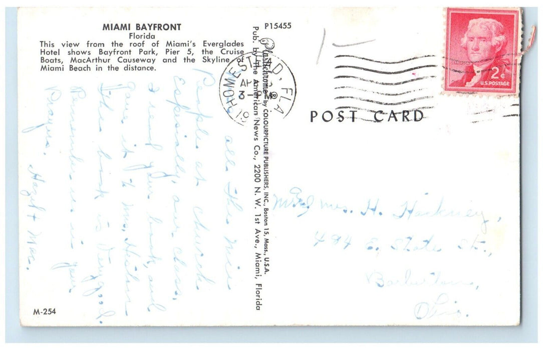 1952 Everglades Hotel Park Pier Cruise Boats Miami Bayfront Florida FL Postcard