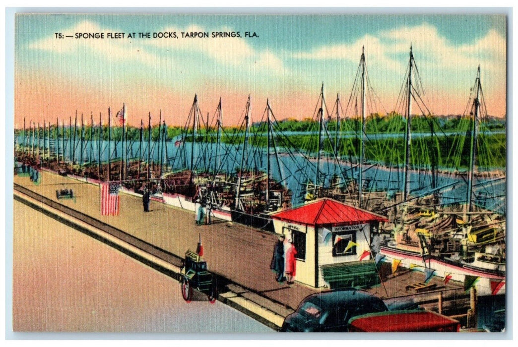 c1940's Sponge Fleet Docks Exterior Ferry Boat Tarpon Springs Florida Postcard
