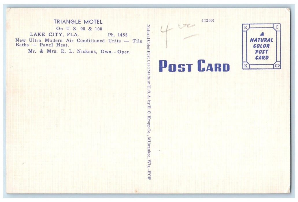 c1940 Triangle Motel Exterior Building Signage Field Lake City Florida Postcard