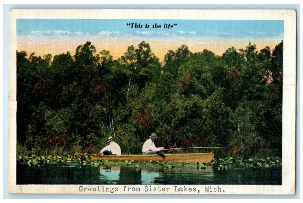 1935 Fishing Greetings From Sister Lakes Michigan MI Antique Vintage Postcard