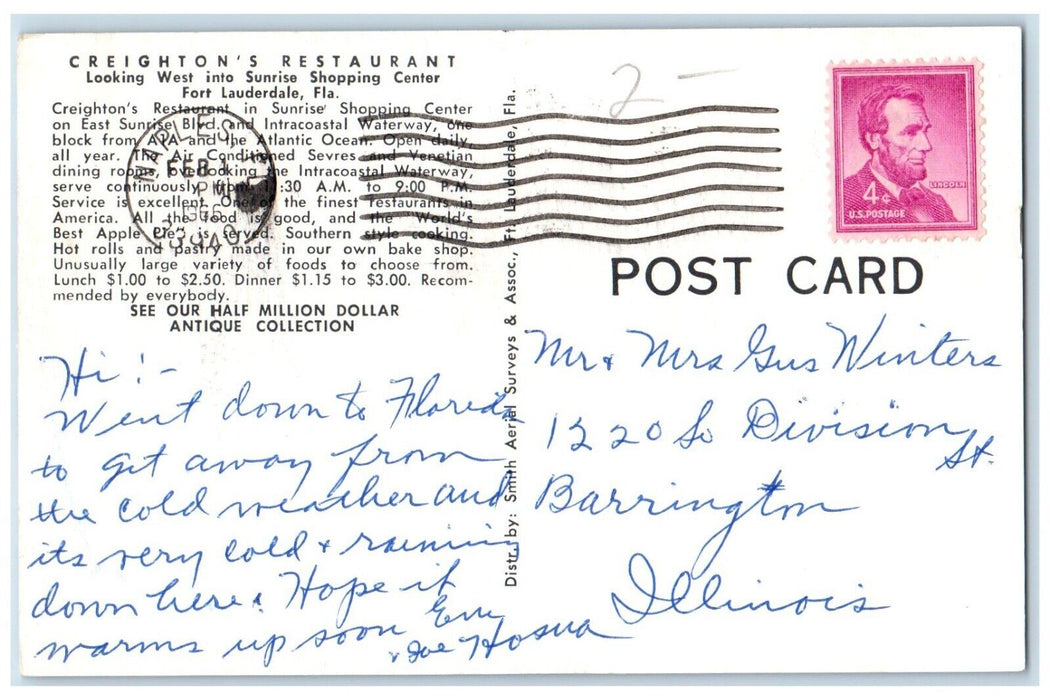 1966 Creighton's Restaurant Sunrise Shopping Fort Lauderdale Florida FL Postcard