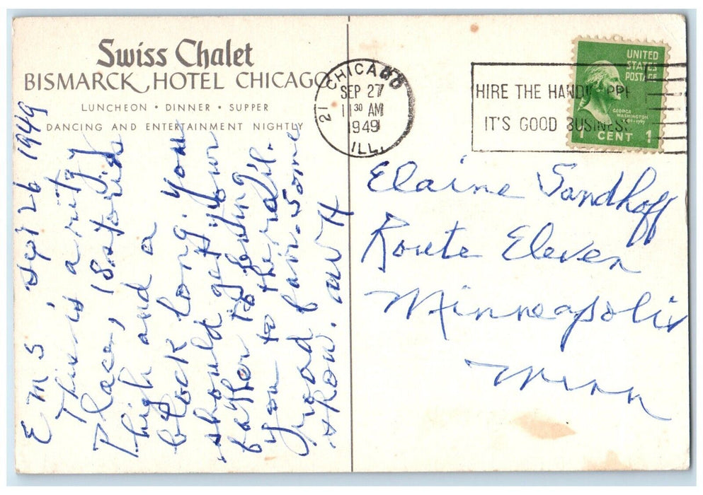 1949 Swiss Chalet Bismarck Hotel Dancing Exterior Chicago Illinois IL Postcard