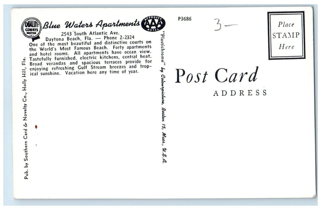 c1960 Blue Waters Apartments South Atlantic Ave. Daytona Beach Florida Postcard