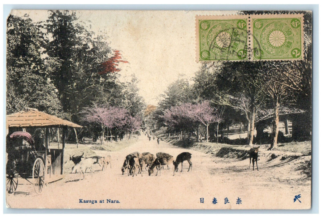 1911 Deer Animal Scene Horse Carriage Kasuga at Nara Japan Antique Postcard