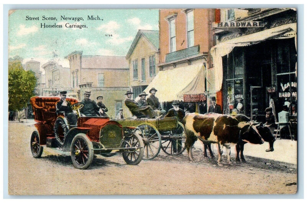 1909 Street Scene Classic Car Newaygo Cow Horseless Carriage Michigan Postcard