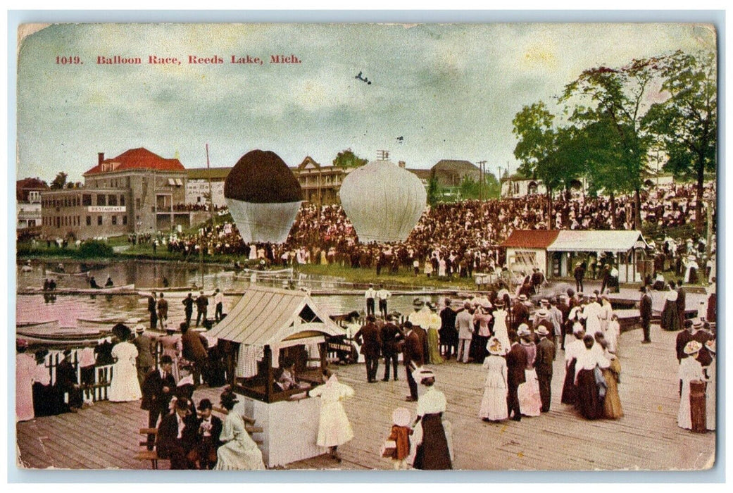 1909 Aerial View Crowd Balloon Race Reeds Lake Michigan Antique Vintage Postcard