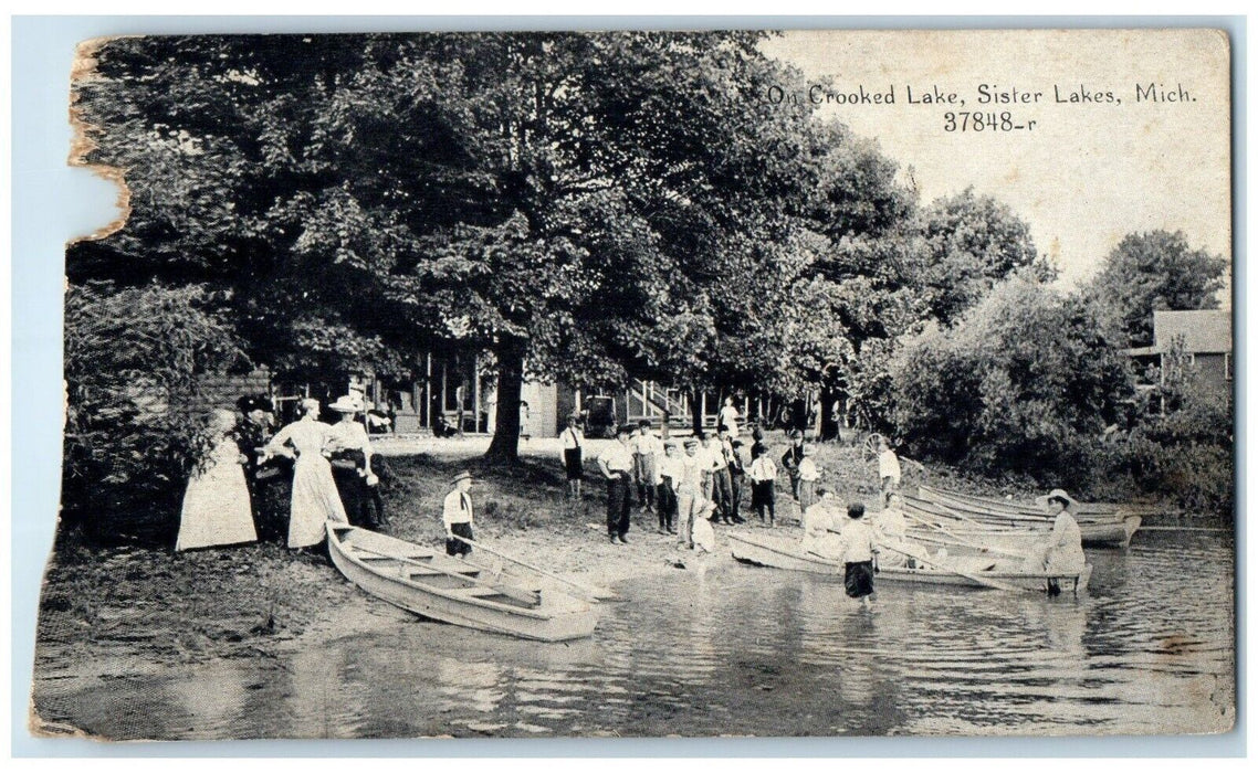 1910 Canoeing Boat Big Trees Crooked Lake Sisters Lake Michigan Vintage Postcard