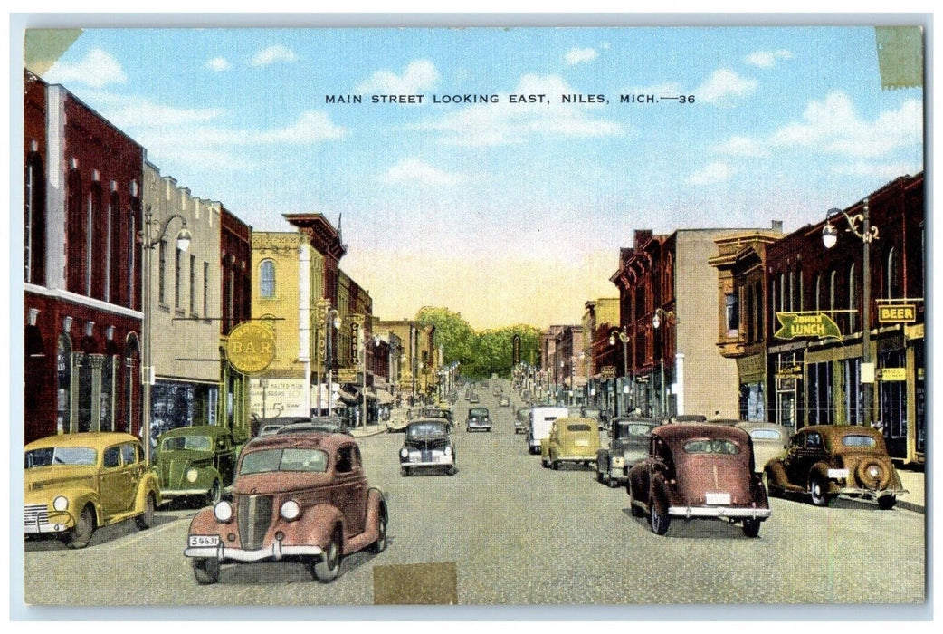 c1940 Main Street Looking East Classic Cars Niles Michigan MI Vintage Postcard