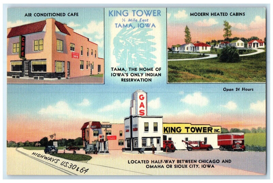 c1950's King Tower Tama Iowa IA Gas Station Cafe Cabins Multiview Postcard