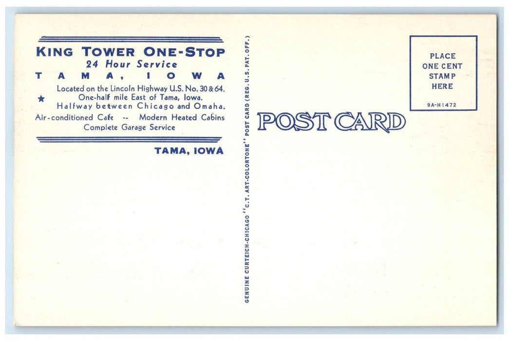 c1950's King Tower Tama Iowa IA Gas Station Cafe Cabins Multiview Postcard
