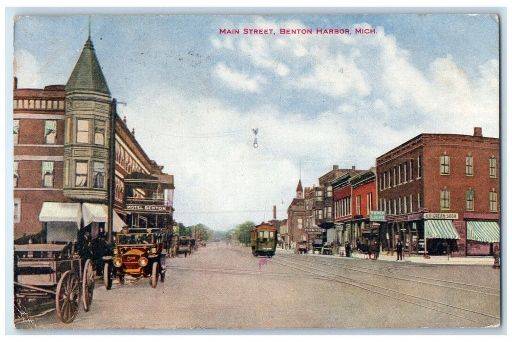 c1910 Main Street Streetcar Building Benton Harbor Michigan MI Antique Postcard