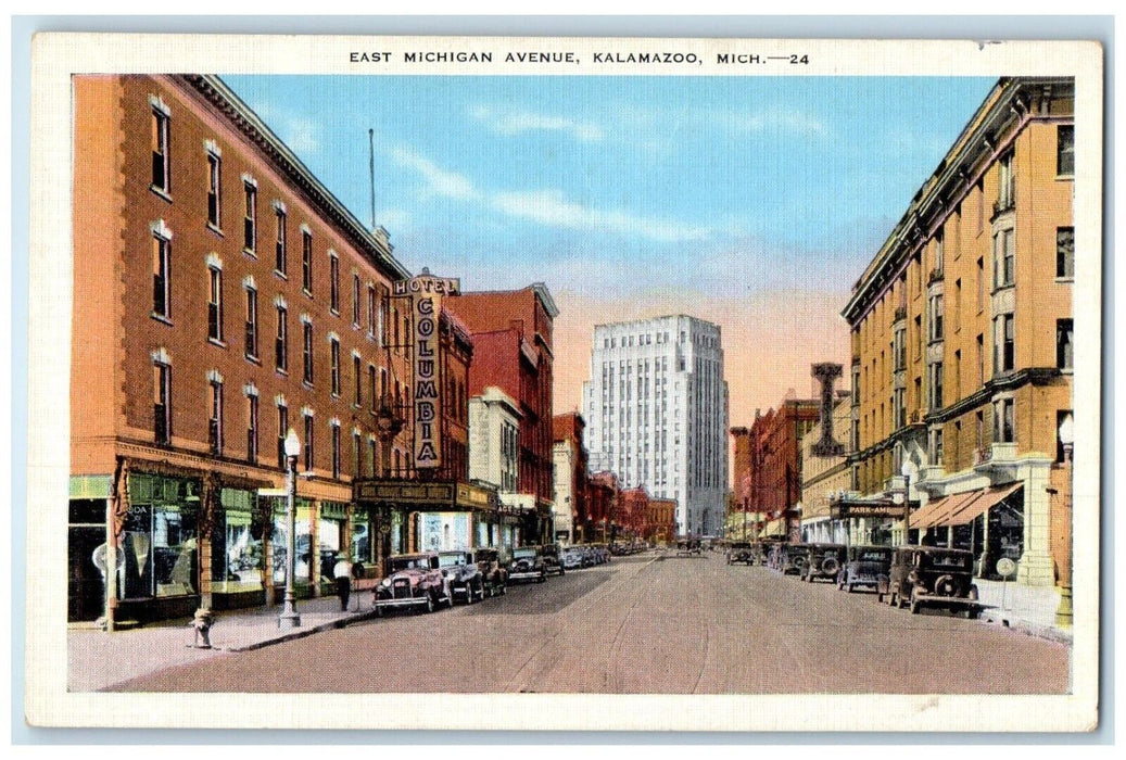 1940 Busy Day East Michigan Avenue Buildings Kalamazoo Michigan Antique Postcard