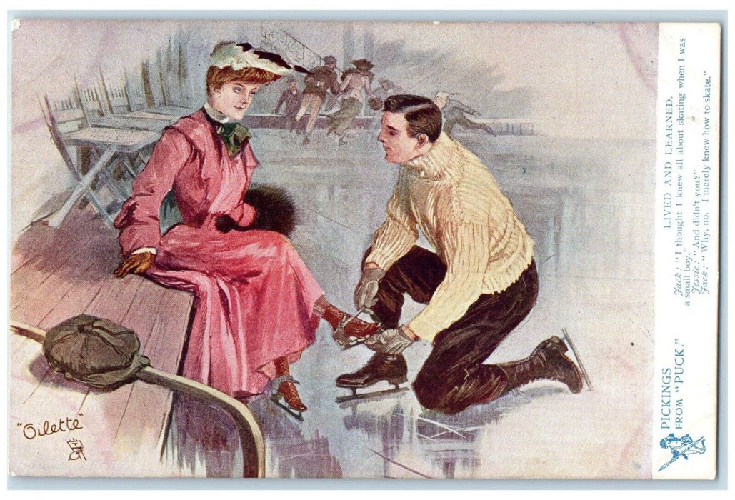 c1905 Pickings From Puck Woman Man Ice Skating Oilette Tuck's Antique Postcard