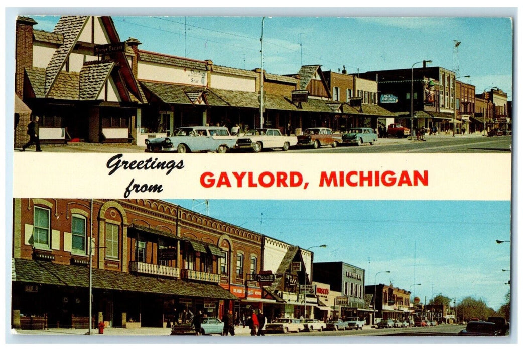 c1960 Multi-View Main Street Road Greetings Gaylord Michigan MI Antique Postcard