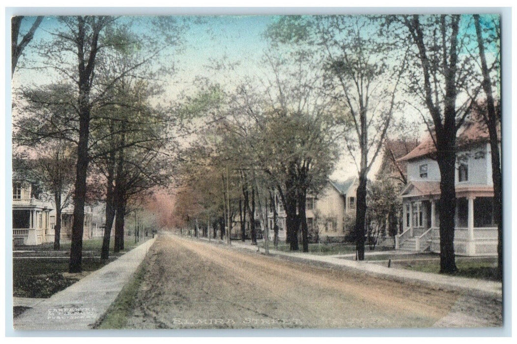 c1910 Elmira Street Road Sidewalk Trees Houses Michigan Vintage Antique Postcard