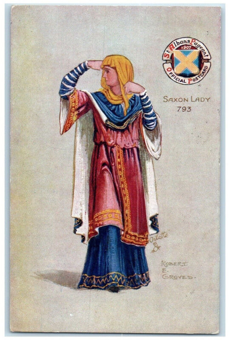 1909 Saxon Lady Robert Groves St. Albans Pageant Oilette Tuck's Antique Postcard