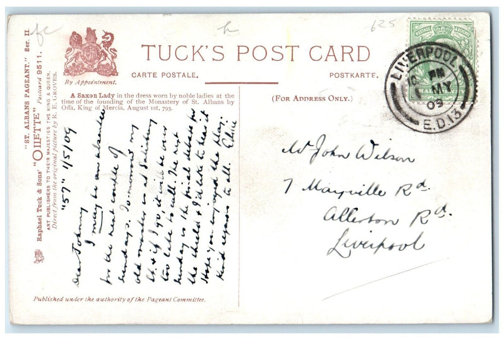 1909 Saxon Lady Robert Groves St. Albans Pageant Oilette Tuck's Antique Postcard