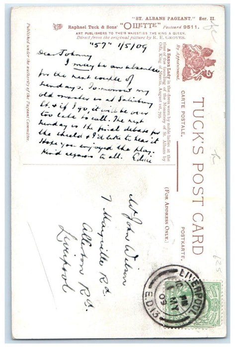 1909 Saxon Lady Robert Groves St. Albans Pageant Oilette Tuck's Antique Postcard