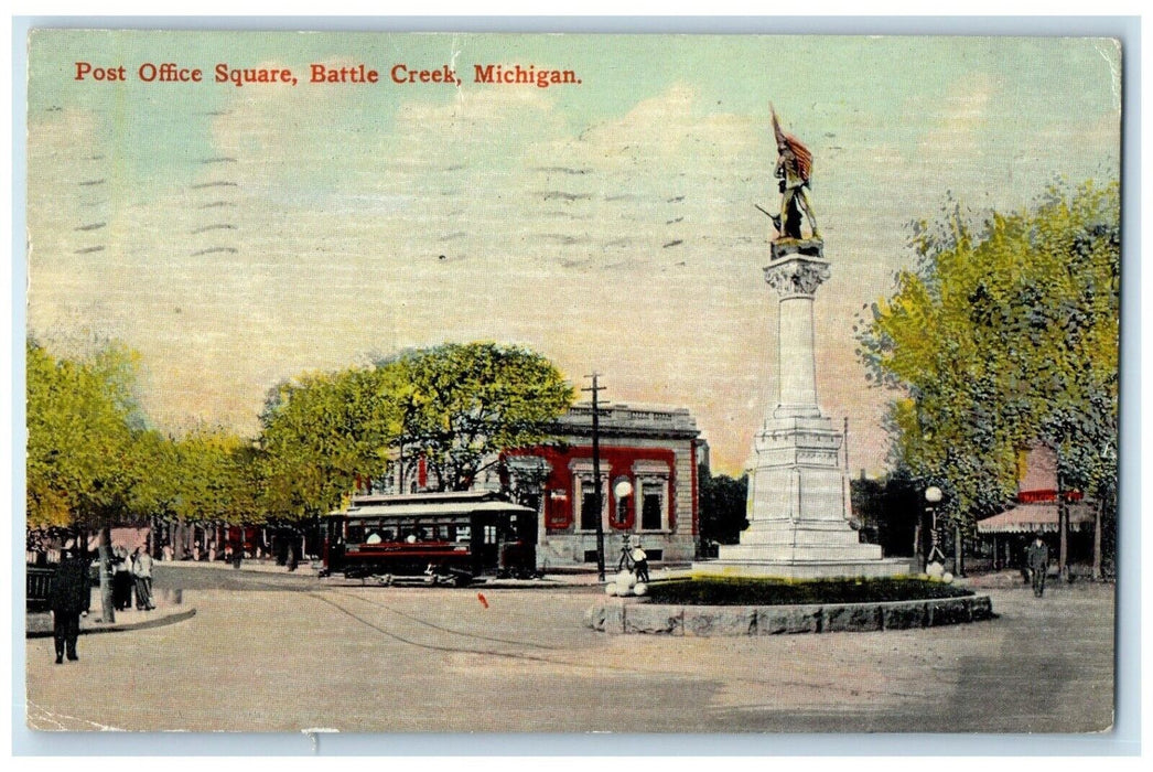 1910 Post Office Square Monument Streetcar Battle Creek Michigan Posted Postcard