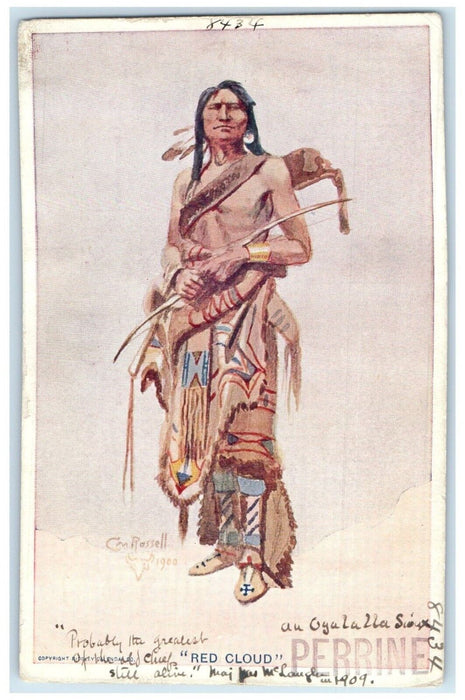 1909 Red Cloud Indians Perrine Charles Russel Artist Signed Antique Postcard